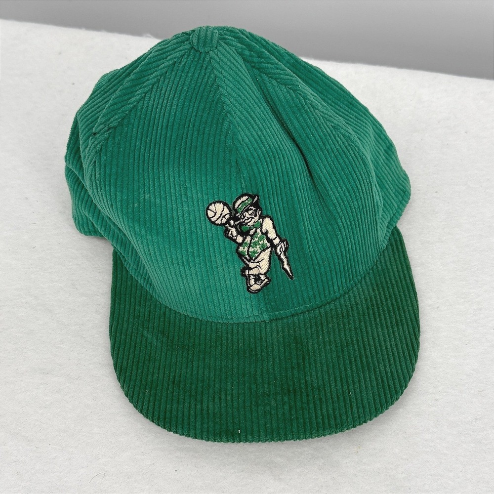 Vintage AJD Boston Celtics Corduroy Snapback Hat NBA Green Lucky Leprechaun USA